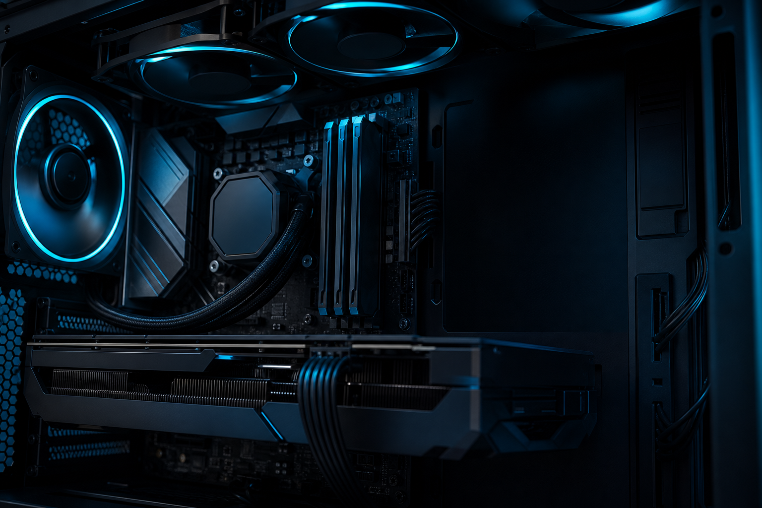 Interior de computador com coolers e placa-mãe